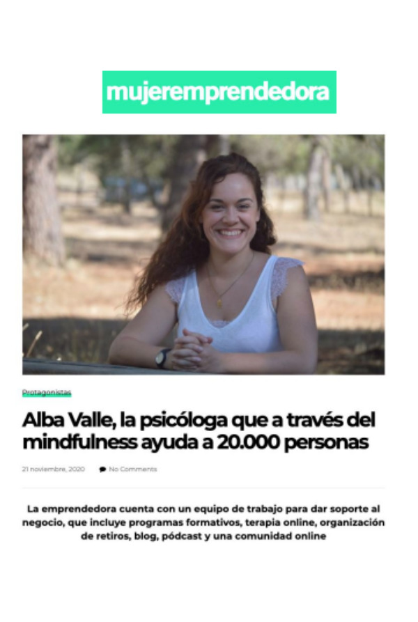 Alba Valle en la revista mujer emprededora hablando sobre su actividad profesional como psicóloga especializada en mindfulness