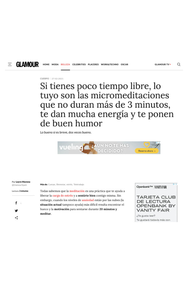 Alba Valle hablando en la revista Glamour sobre micromeditaciones