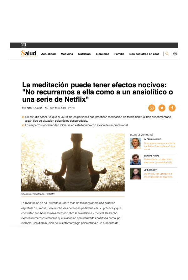 Alba Valle hablando en el periódico 20 minutos sobre la meditacion y su utilización como ansiolitico