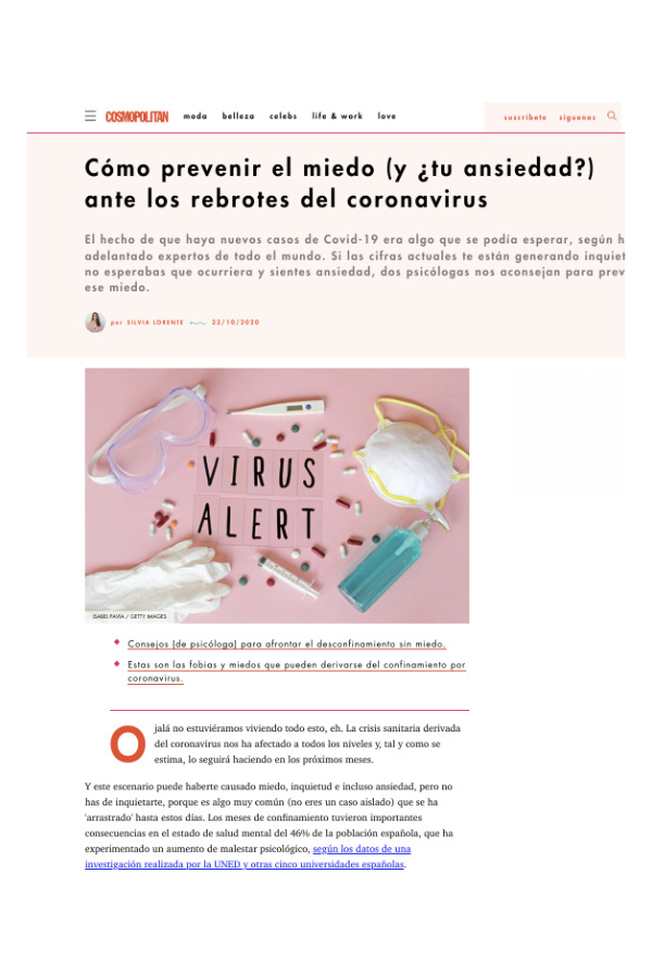 Alaba Valle en la revista Cosmopolitan hablando sobre cómo prevenir el miedo al coronavirus